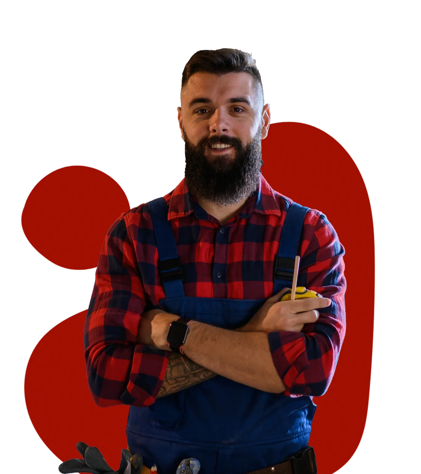 Smiling handyman in work overalls holding tools, representing trusted home services in Switzerland