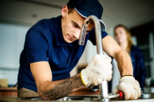 Emergency handyman fixing a leaking tap in a Zurich home while a resident watches