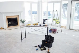 Handyman tools and equipment in a bright modern room during home renovation in Zurich