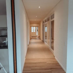Renovated hallway in Zurich home with modern flooring, fresh paint, and recessed lighting.
