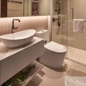 Modern bathroom renovation in Zurich with floating vanity, vessel sink, and walk-in shower.