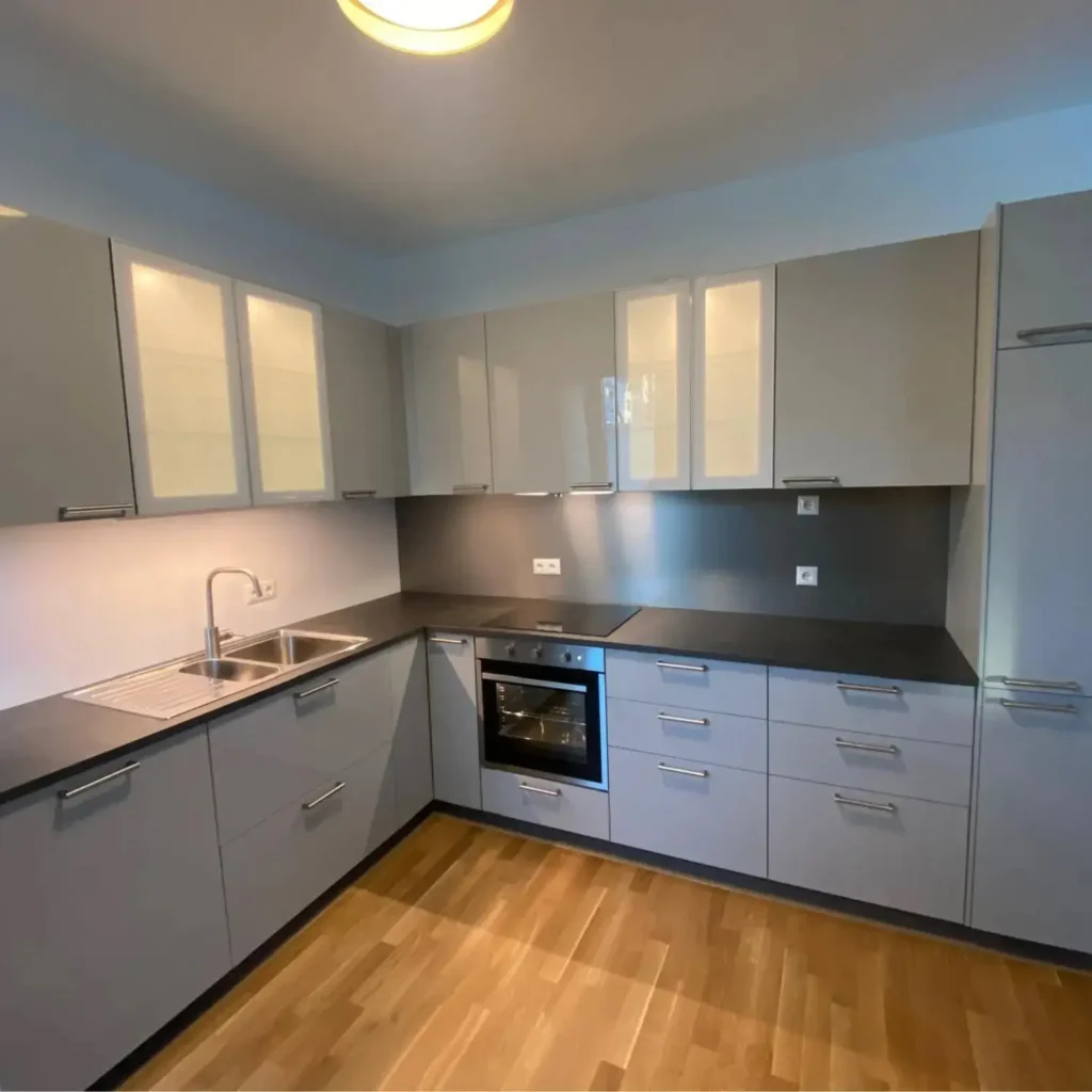 Contemporary kitchen renovation in Zurich with grey cabinets and wood flooring.