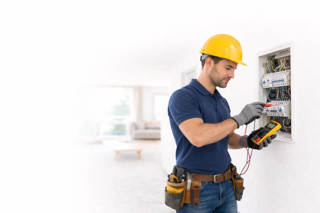 Electrician in Zurich working on electrical panel during a home installation