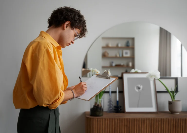 person inspecting apartment with checklist before wohnungsabgabe in Switzerland